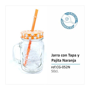 Jarra con tapa y pajita para personalizar de color naranja